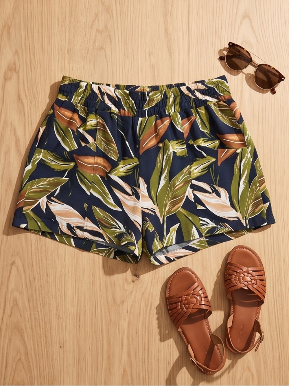 Navy High-Waist Tropical Leaf Print Women's Shorts